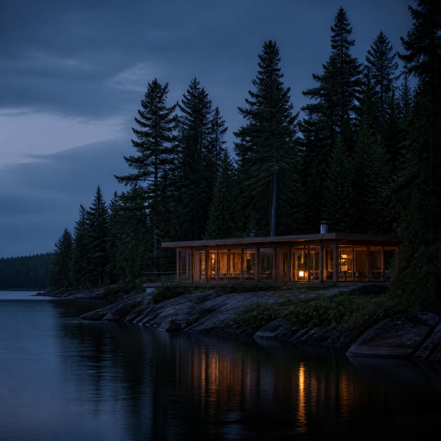 A restrained timber and glass pavilion at dusk, held low against the shoreline, with the lake and forest dominant